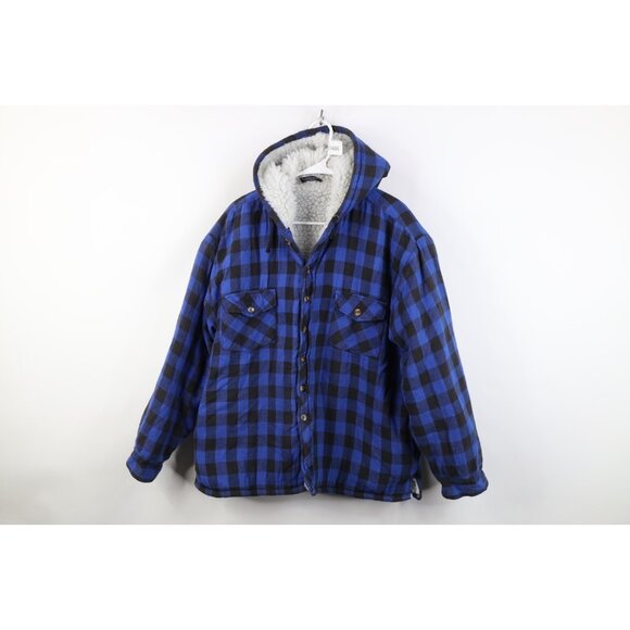 Vintage Other - Vtg 90s Streetwear Mens XL Deep Pile Fleece Lined Hooded Flannel Shirt Jacket